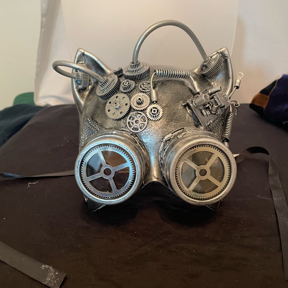 Halloween Steampunk Cosplay Cat with Goggles Face Mask, Silver, One Size 7in NEW